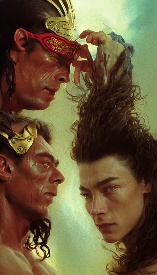 Prompt: young jean claude van damme and a young peasent woman, lord of the rings, conan, amazing beauty, visor, neon tattoo, styled hair, decorated ornaments by carl spitzweg, ismail inceoglu, vdragan bibin, hans thoma, greg rutkowski, alexandros pyromallis, perfect face, fine details, realistic shaded