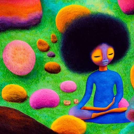 Image similar to a black girl with a colorful afro and big colorful eyes meditating in an african zen garden at sunset, bright colours, bokeh!!, watercolor, volumetric wool felting, macro photography, children illustration, by goro fujita