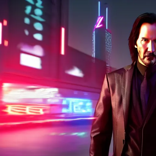 Prompt: keanu reeves in vaporware city wearing a led tron legacy suit, front face, highly detail. octane render