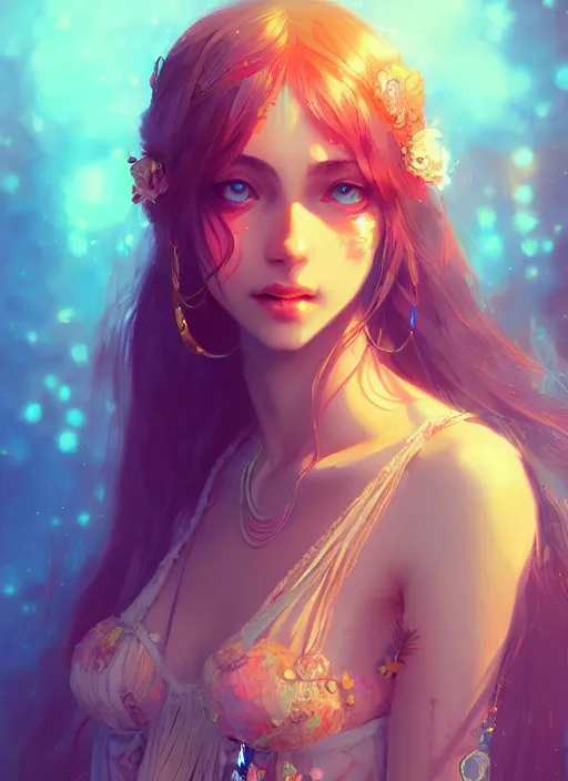 Image similar to a beautiful bohemian girl, intricate, highly detailed, digital painting, Pixiv, Artstation, official media, anime key visual, concept art, rich vivid colors, ambient lighting, sharp focus, illustration, art by WLOP