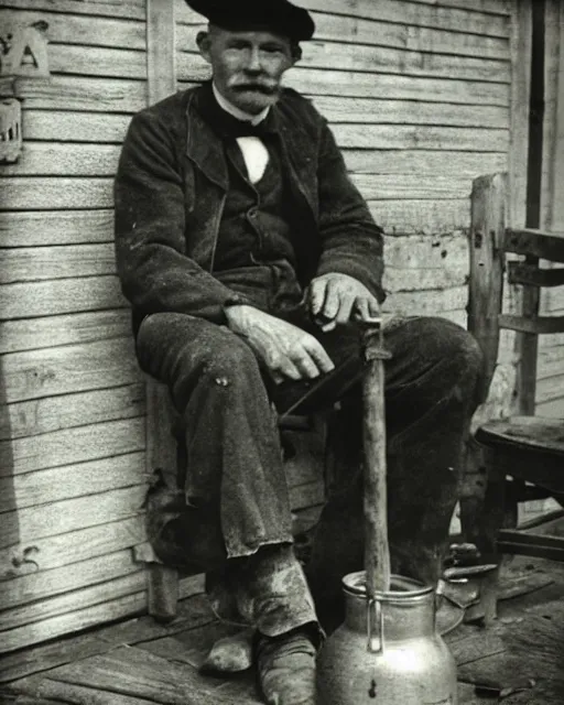 Prompt: “a black and white photograph of an Appalachian bootlegger during prohibition, sitting on the porch with a jar of moonshine next to him, realistic, vintage, antiqued look, grainy film”