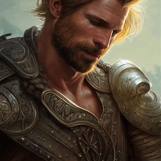 Image similar to portrait of a ruggedly handsome paladin, soft hair, muscular, half body, leather, hairy, d & d, fantasy, intricate, elegant, highly detailed, digital painting, artstation, concept art, smooth, sharp focus, illustration, art by artgerm and greg rutkowski and alphonse mucha