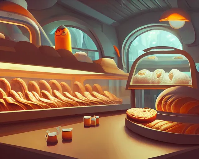 Image similar to alien bakery interior, cozy, bread and croissants, display case, surrealism, artstation, sylvain sarrailh