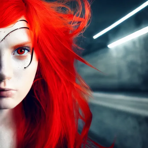 Image similar to futuristic woman, portrait, Cyberpunk, glowing skin, beautiful girl, red hair, ginger hair, dark fantasy, extremely detailed, sharp focus, model