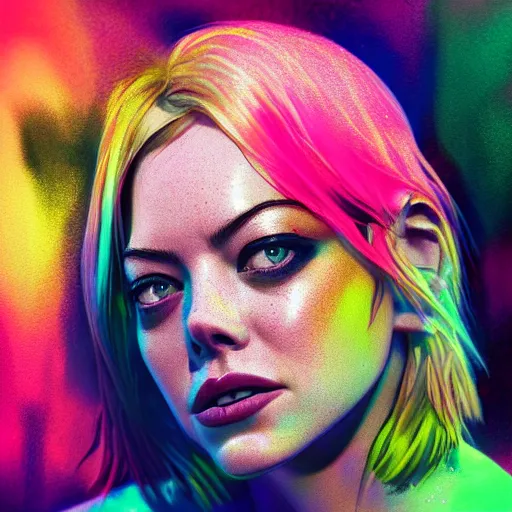 Image similar to portrait of emma stone made out of exploding paint, punk rock women, short blond hair, octane render, highly detailed, realistic, beautiful, splashes of neon, comic book art