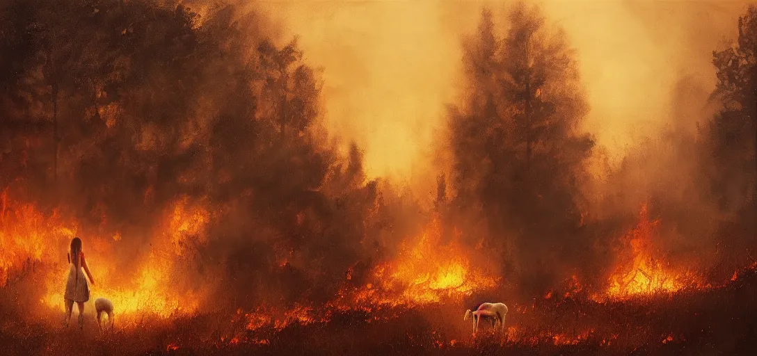 Prompt: full portrait of a young woman and a lamb running from a forest fire, inferno, smoke, flames, dark, gloomy, horror, screaming, a small farm is burning in the distance, insanely detailed, photorealistic, cinematic, dramatic lighting,