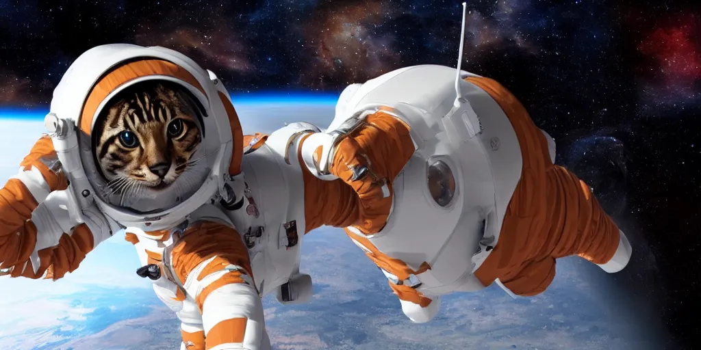 Image similar to bengal cat flying open space in space suit to the mars, cinematic, ultra realistic