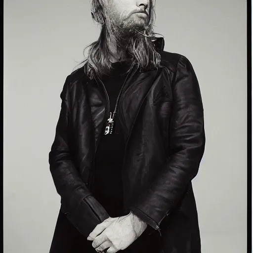 Image similar to Thom Yorke, a man with a beard and a black jacket, a portrait by John E. Berninger, dribble, neo-expressionism, uhd image, studio portrait, 1990s