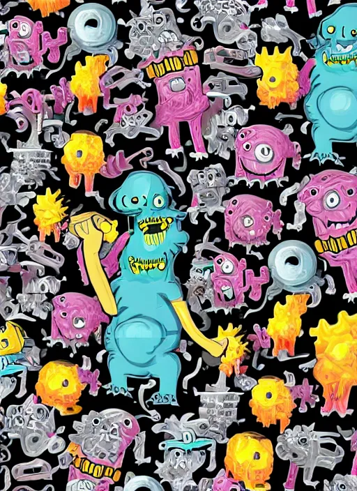 Image similar to beautiful graffiti monsters with a cannon for arm black background paper