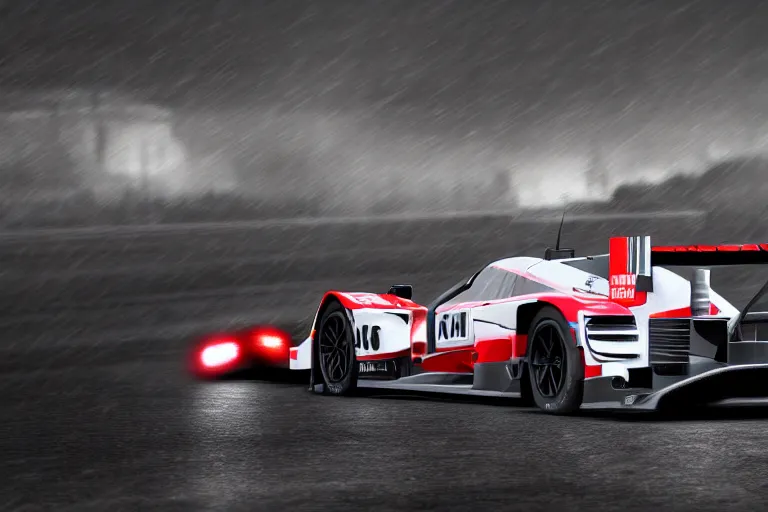 Image similar to Honda Civic LMP2 car racing on dimly lit track overcast skies raining headlights illuminating the track cinematic digital painting vray