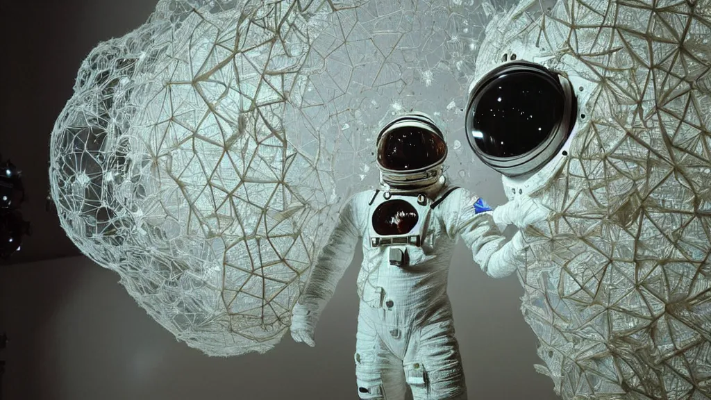 Image similar to a single astronaut eva suit made of diamond 3d fractal lace iridescent bubble 3d skin and covered with insectoid compound eye camera lenses floats through the living room, film still from the movie directed by Denis Villeneuve with art direction by Salvador Dalí, wide lens,