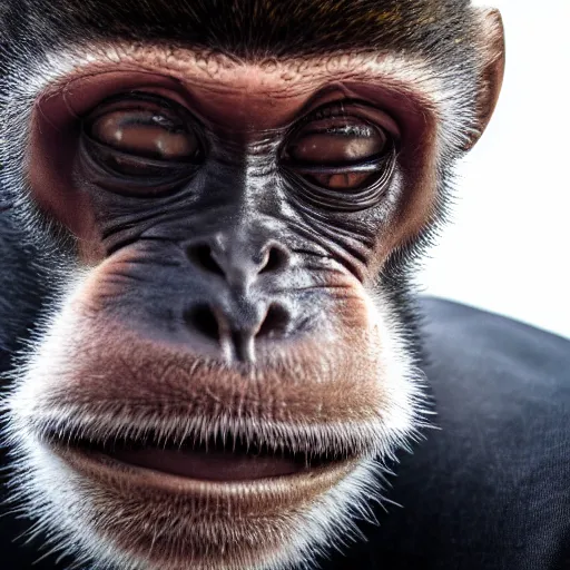 Image similar to high quality portrait of a monkey wearing black suit, studio photograph, photograph, realistic photo, 8k photo, 4k photo, stock photo, high resolution, cinematic shot, high detail