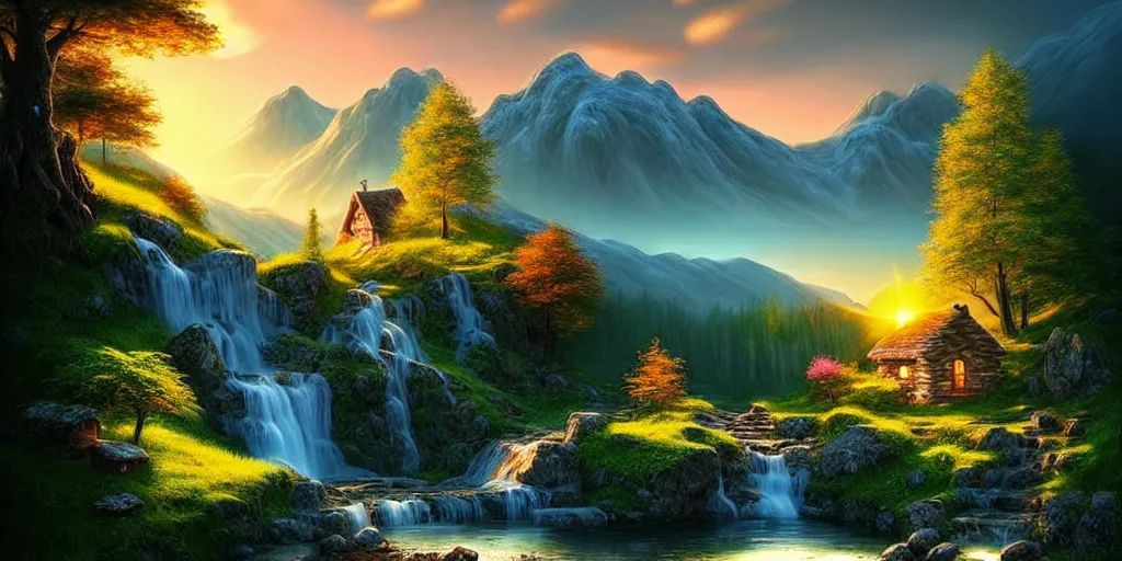 Prompt: a beautiful fantasy landscape, mountain in background, a waterfall in the mountains, little cottage, small pond, some trees in the corner, sunrise, hyper realism, artgem, octane art, artwork by philipp urlich