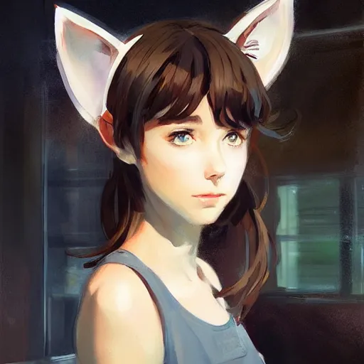 Prompt: girl with cat ears in a biology lab, by WLOP, by Artgerm, by Michael Garmash, by Ilya Kuvshinov, digital art, trending on artstation, beautiful lightning, atmospheric, fantasy