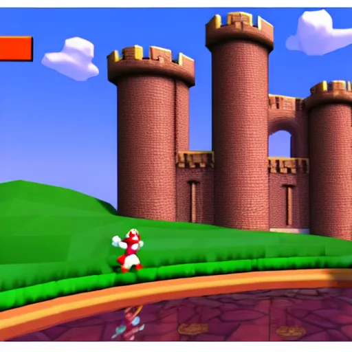 Image similar to phone picture of in - game crt screenshot of lebron james as a low - poly character in super mario 6 4, standing outside princess peach's castle, 4 k, high quality, hyperdetailed