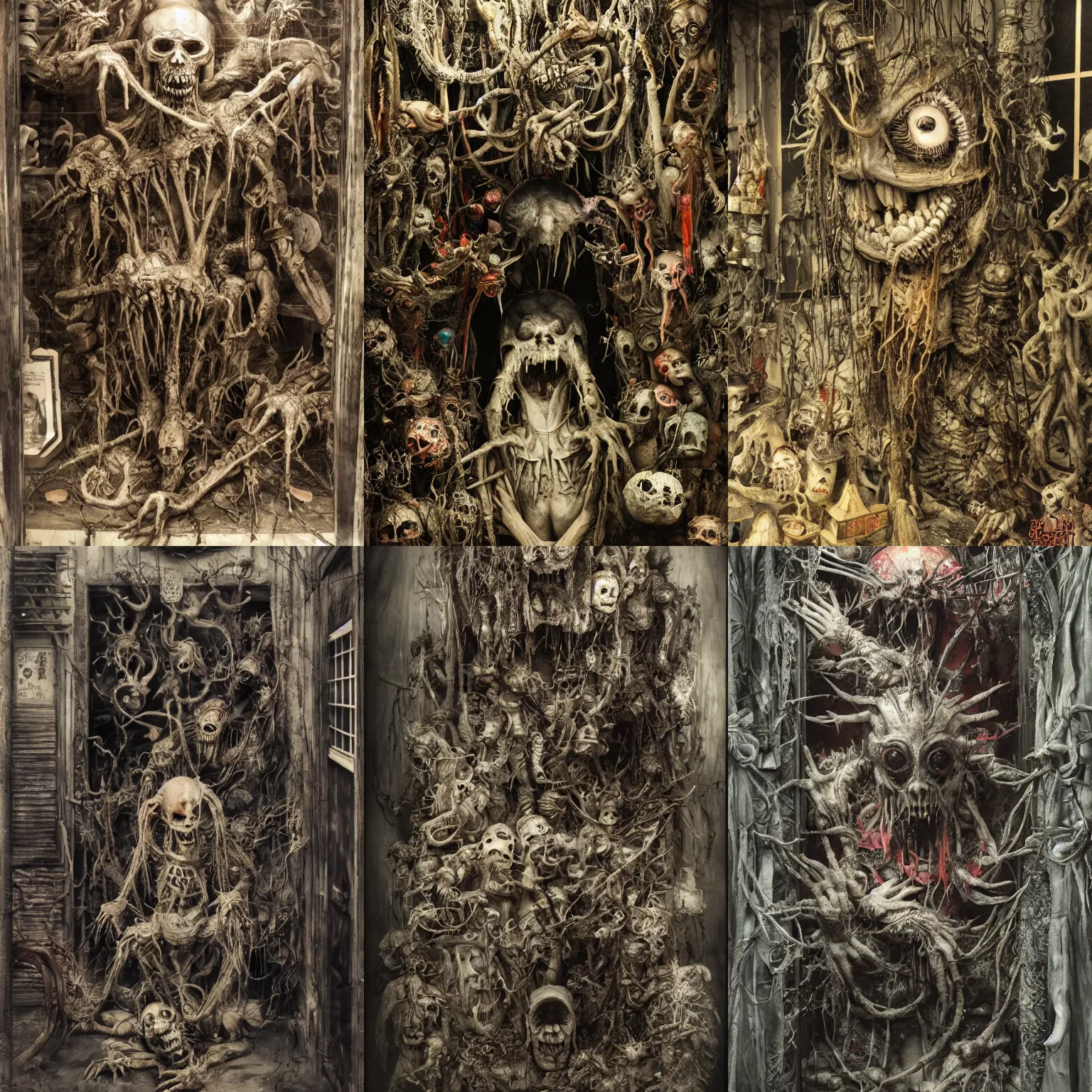 Prompt: 35mm photo of scary haunted japanese storefront by rembrandt and James Jean and Seb Mckinnon and brian froud and bezinski and giger, henson creature workshop, realistic materials, creepy, textures, dark horror, photo realistic, photoreal, detailed, nightmare, sharp focus