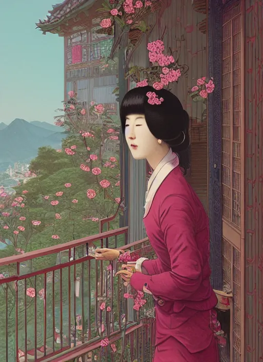 Image similar to Portrait of a Luxurious Korean woman standing on a balcony, female, richly detailed color illustration of a rotocoped-animation-of-flowers-flowing illustrated, detailed face, 19th century, cinematic lighting, digital art painting by simon stalenhag