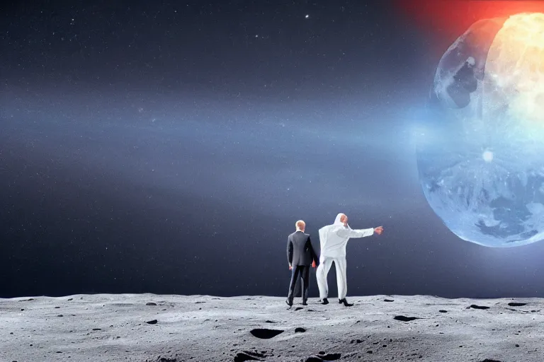 Prompt: President barrack Obama holding hands lovingly with Vladimir Putin on the moon, photorealistic 8K