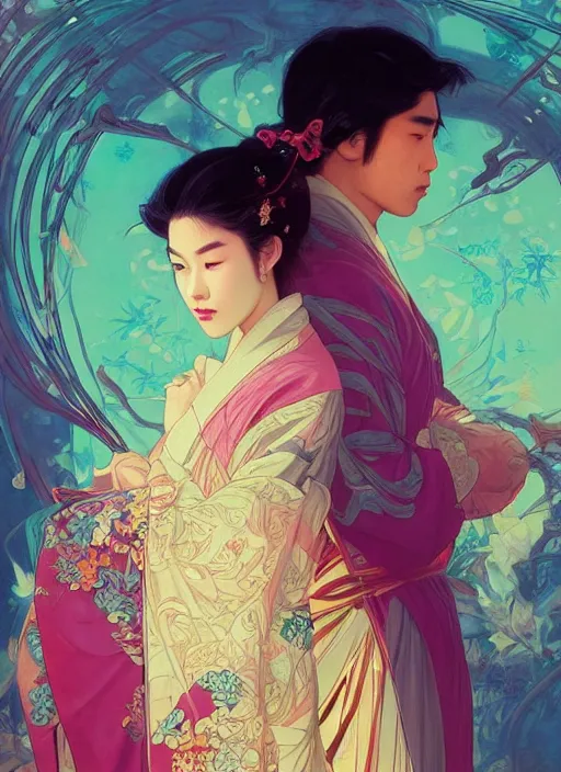 Prompt: beautiful young Asian lovers, gorgeous faces, sad eyes, tears, vaporwave aesthetic, synthwave, colorful, intricate, elegant, long beautiful flowing kimono, highly detailed, digital painting, artstation, concept art, smooth, sharp focus, illustration, art by artgerm and greg rutkowski and alphonse mucha