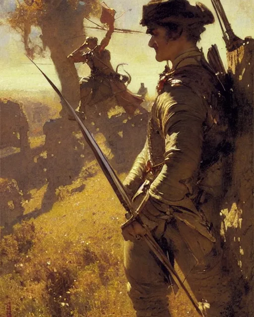 Image similar to attractive crossbowman watches an army approach, he is on a castle wall, painting by gaston bussiere, craig mullins, j. c. leyendecker