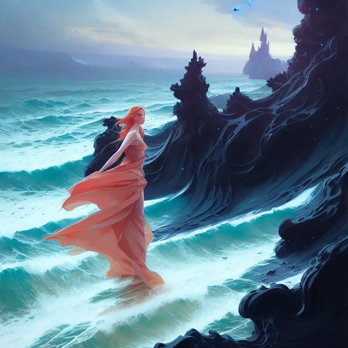 Image similar to style artgerm, joshua middleton, jeremy lipking, a castle of coral, very long spires, water swirling, detailed, ocean background setting, volumetric lighting