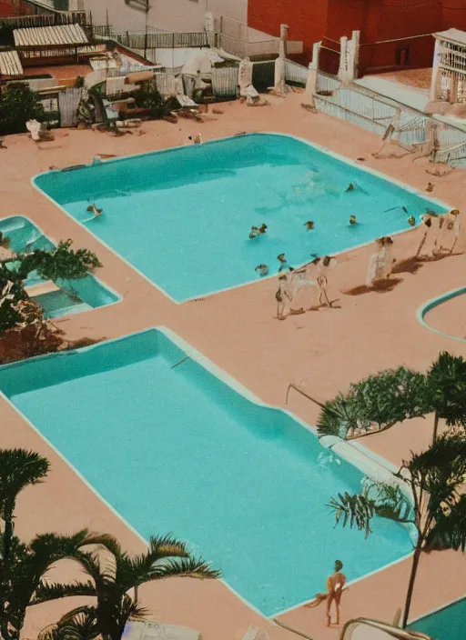 Image similar to photograph of a swimming pool in the style of wes anderson, 5 0 mm, pentax, film