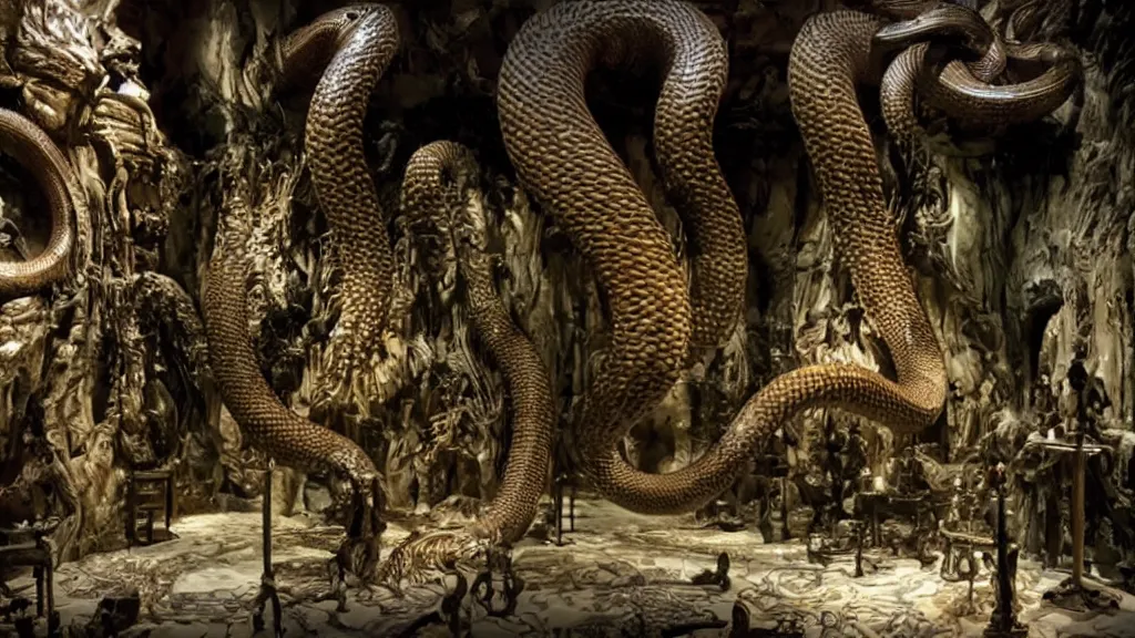 Prompt: the giant king cobra i church, made of wax and water, film still from the movie directed by Denis Villeneuve with art direction by Salvador Dalí, wide lens