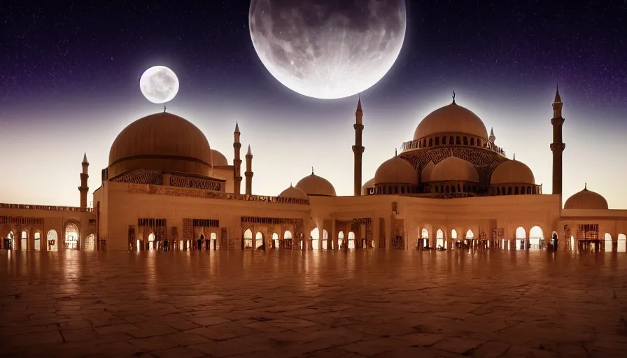 Prompt: photo of beautiful mosque under a giant full moon, glowing arabic symbols floating in the air, cinematic, extreme detail, sharp focus, masterpiece,