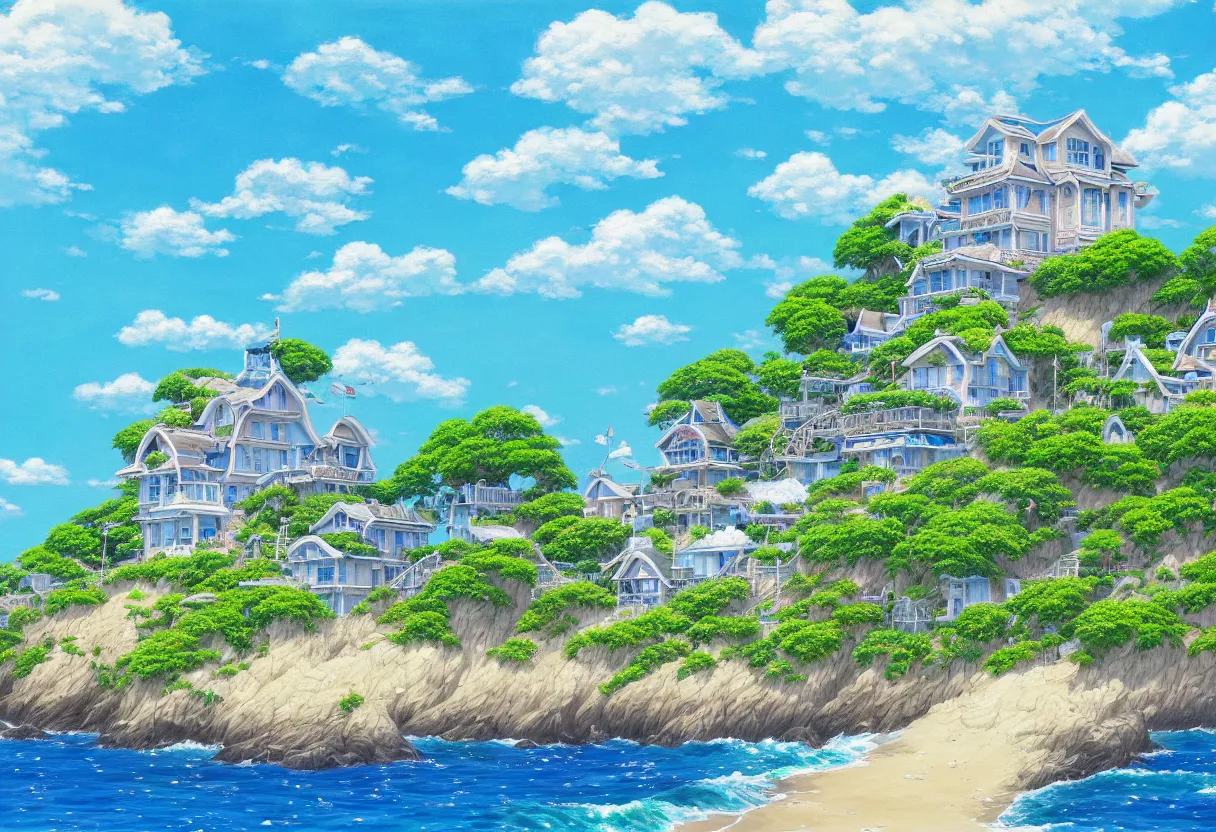 Prompt: a beautiful ultradetailed painting of a seaside house, sunny, close shot, studio ghibli sunlight, archdaily, wallpaper, highly detailed, trending on artstation