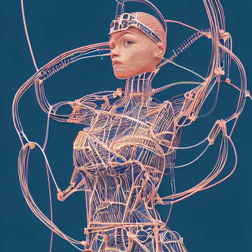 Prompt: a beautiful body of a pilot woman partially made of wires and electronic circuits, an ultrafine detailed illustration by james jean, final fantasy, intricate linework, bright colors, behance contest winner, vanitas, angular, altermodern, unreal engine 5 highly rendered, global illumination, radiant light, detailed and intricate environment