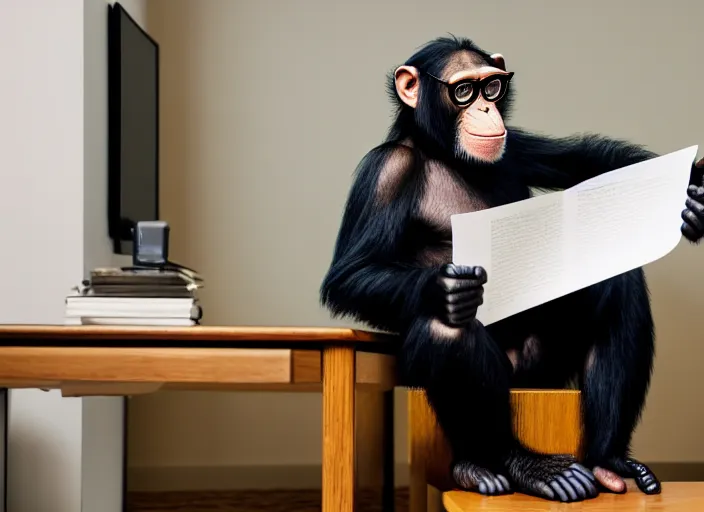 Prompt: photo of a real chimpanzee in a suit and glasses, reading a document at a desk in an office. Highly detailed 8k. Intricate. Sony a7r iv 55mm. Award winning.