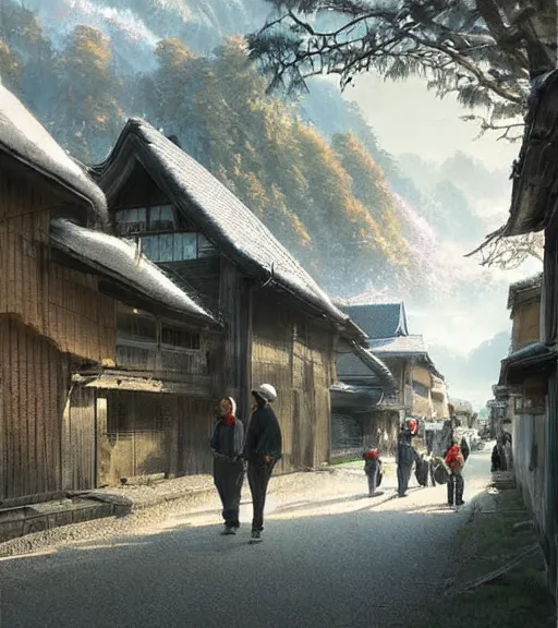 Prompt: walking around rural shirakawa - go, gifu, japan. volumetric lighting, spring late morning, nice slight overcast weather, realistic illustration, perfectly shaded, soft painting, low angle, art by krenz cushart and wenjun lin