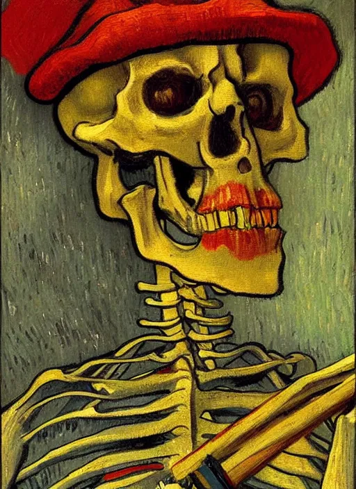 Image similar to a painted portrait of a rainbow skeleton smoking a cigarrette, by Vincent Van Gogh, artstation trending