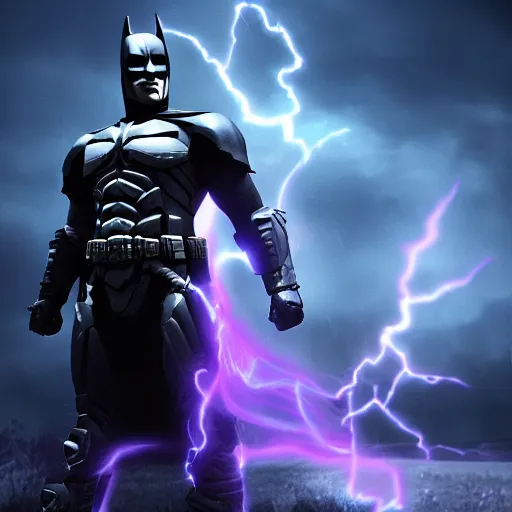 Image similar to character design, dark knight, purple lightning, purple mist, scary, photorealistic, unreal engine, ominous background-H 768