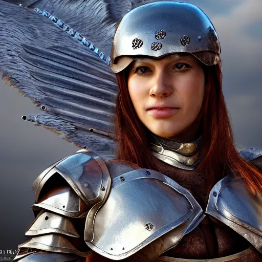 Image similar to female warrior with metal falcon armour, highly detailed, 4k, HDR, smooth, sharp focus, hyper realistic, high resolution