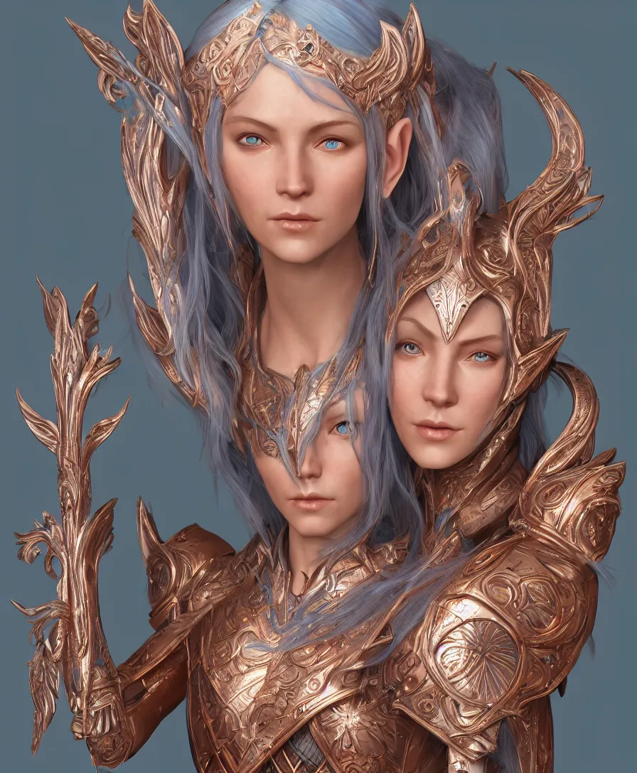 Image similar to a beautiful and highly detailed digital portrait of a dignified female elven paladin with blue hair in rose gold armor by clint cearley and karol bak, centered, artsation contest winner, artstation hd, cgsociety, fantasy art, cryengine, concept art, photorealism, daz 3 d, sketchfab, zbrush, vray