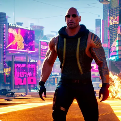 Prompt: dwayne the rock johnson as cyberpunk 2 0 7 7 screenshot from cyberpunk 2 0 7 7