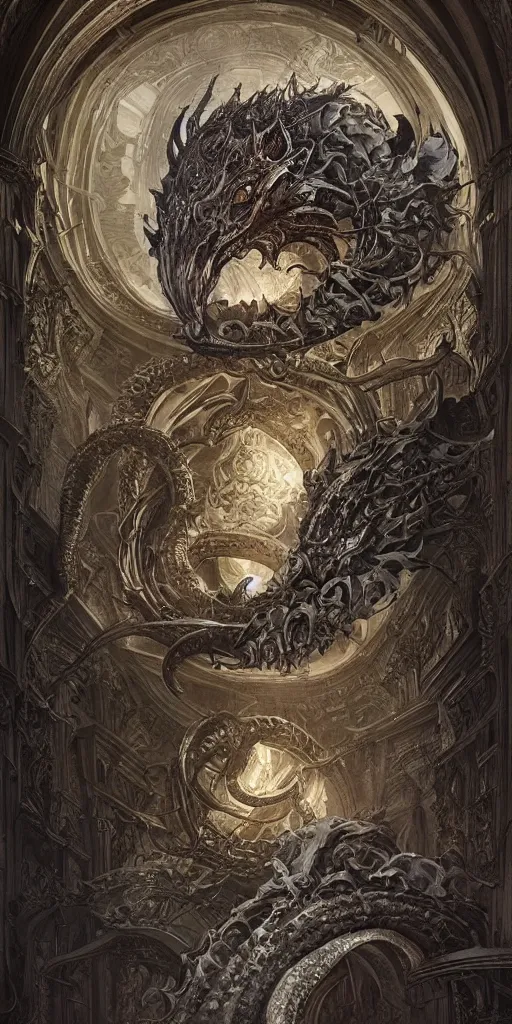 Image similar to enormous Ouroboros floating around inside an ancient mage castle hall colossal scale, gothic and baroque, brutalist architecture, ultradetailed, intricate details by Ellen Jewett and Ayami Kojima