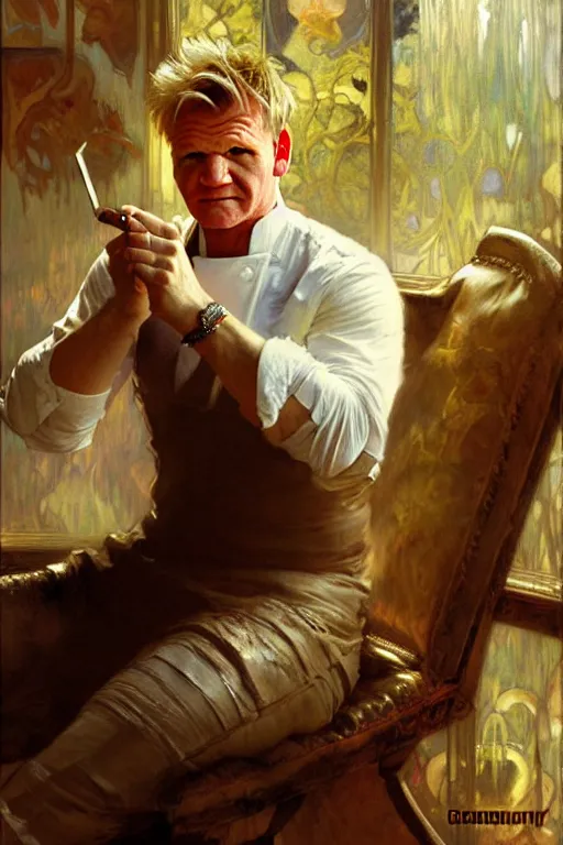 Prompt: gordon ramsay, painting by gaston bussiere, craig mullins, greg rutkowski, alphonse mucha