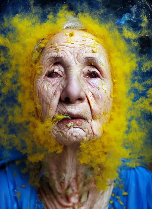 Image similar to crying old ukrainian woman!!!!, fully covered in yellow and blue clouds!!!, disarming, enchanting, fragile, hopeful, cloudcore, portrait, by kim keever