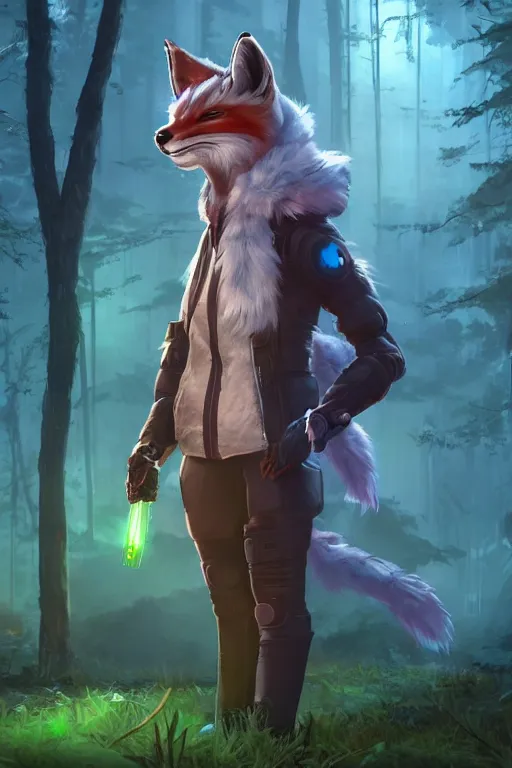 Prompt: a cyberpunk anthropomorphic fox with a fluffy tail in a forest, backlighting, cgi, rendered in unreal engine, trending on artstation, cartoon