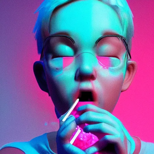 Image similar to born again christian tiktok influencer eating melting crayons and winking to their followers, in the style of james jean, artstation trending, 8 k, 3 d render, photorealistic, volumetric lighting caustics, pink