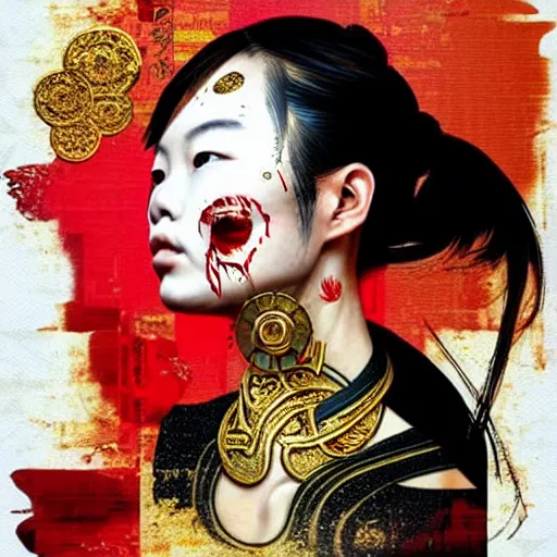 Image similar to portrait of chinese woman :: side profile :: in ocean :: clockwork details :: gold :: blood and horror :: by vikings and Sandra Chevrier