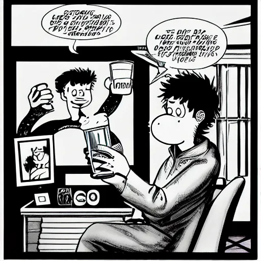 Image similar to A very sad Jon Arbuckle in real life in a comic book style sitting in his living room at home while holding a beer and being depressed, extremely depressed while watching TV, very nostalgic, very melancholic, dramatic angle, rotoscoped, rotoscope, photoshop, photomanipulation, realism, painting, illustration and sketch, weird scribbles, hybrid styles, hybrid art styles, mismatched, trending on artstation, trending on deviantart, weird, quirky, interesting, very detailed, highly detailed, HD Quality, 4k resolution, 8k resolution, in the style of David Firth, in the style of James Lee, in the style of Drue Langlois,