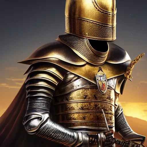 Prompt: a highly detailed full-length knight in a T golden helmet and crown with a diamond in the center, golden armor, leather clothes under the armor, leather gloves, holds a black sword, artstation, DeviantArt, professional, octane render, sunset lighting