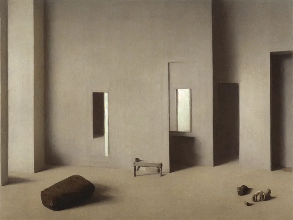 Prompt: Room with all the furniture and objects made from marble, sculpted by Brancusi. Grazing, harsh light. Painting by Vilhelm Hammershoi
