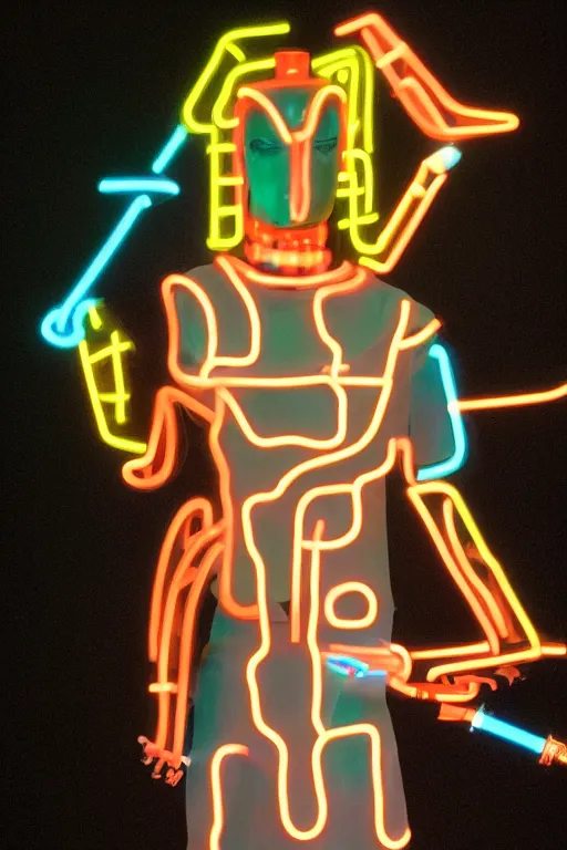 Prompt: full-body neon porcelain egyptian bladerunner greek style sculpture of a young handsome Russian royal as a high-fashion half-robot with a porcelain body with an opening exposing a battery leaking radioactive liquid, electric sparks, glowing violet laser beam eyes, crown of giant rubies, flowing pink and orange neon-colored silk, luminescent fabrics, mechanical raptors. baroque and steampunk elements. full-length view. baroque element. intricate artwork by caravaggio. Very very very very highly detailed epic photo of face. Trending on artstation, octane render, cinematic lighting from the right, hyper realism, octane render, 8k, depth of field, 3D