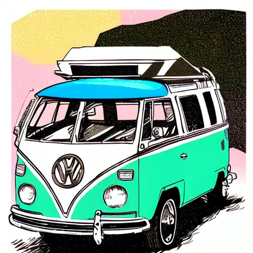 Image similar to illustration of an old van volkswagen, may 6 8, pastel colors, cool, hippie by victo ngai