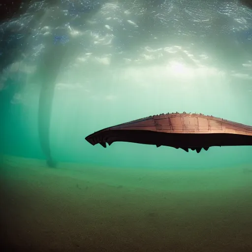 Prompt: dreamlike film photography of a 1880s art nouveau stealth bomber made of wood at night underwater in front of colourful underwater clouds by Kim Keever. In the foreground floats a seasnake. low shutter speed, 35mm