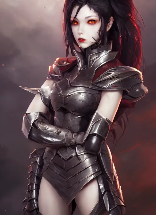 Image similar to full plate armor!!! beautiful and elegant dark hair female vampire!! gorgeous ayes!! character concept art, sharp focus, octane render! unreal engine 5! highly rendered!! trending on artstation!! detailed linework!! illustration by artgerm, wlop, and chie yoshii